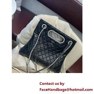 Chanel Aged Shiny Lambskin, Crystal Pearls  &  Black Metal Shopping Bag AS4222 2023